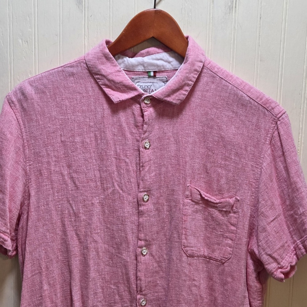Bruno‎ Positano Shirt Mens XL Pink Solid Short Sleeve Linen Button Front Casual